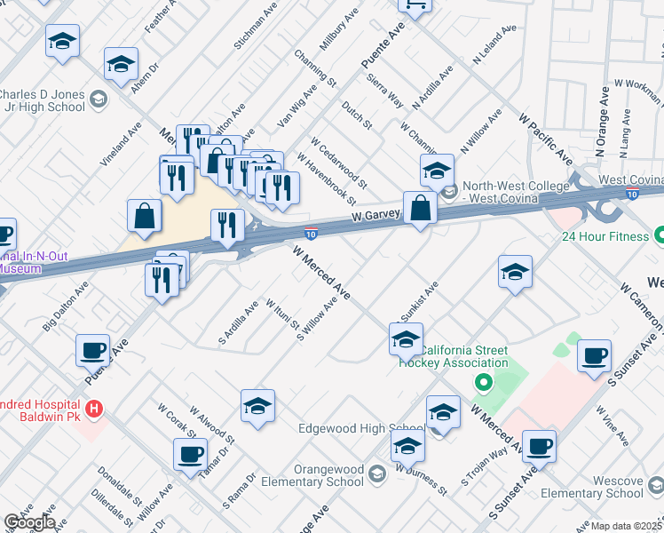 map of restaurants, bars, coffee shops, grocery stores, and more near 2225 West Merced Avenue in West Covina