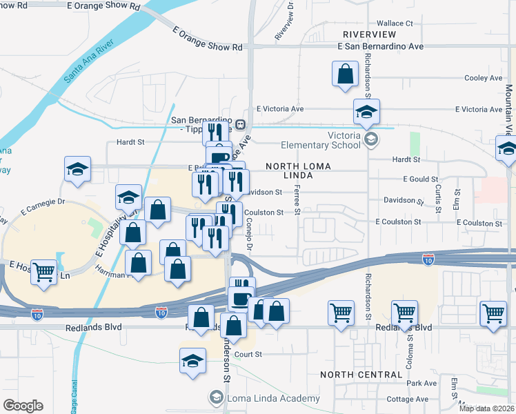 map of restaurants, bars, coffee shops, grocery stores, and more near 1220 East Coulston Street in San Bernardino