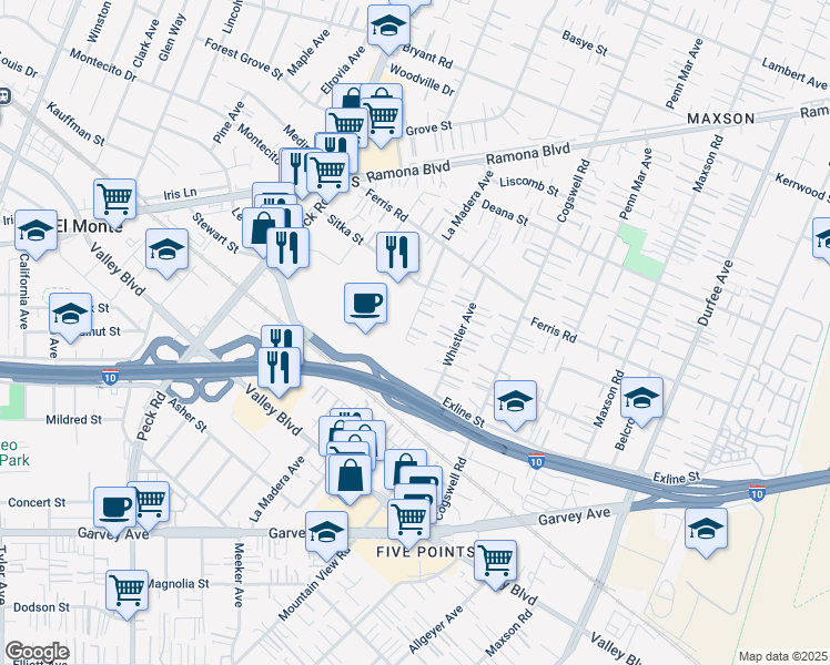 map of restaurants, bars, coffee shops, grocery stores, and more near 3442 La Madera Avenue in El Monte