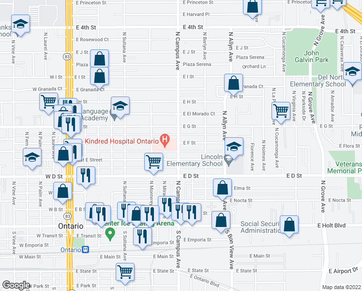 map of restaurants, bars, coffee shops, grocery stores, and more near 534 North Campus Avenue in Ontario
