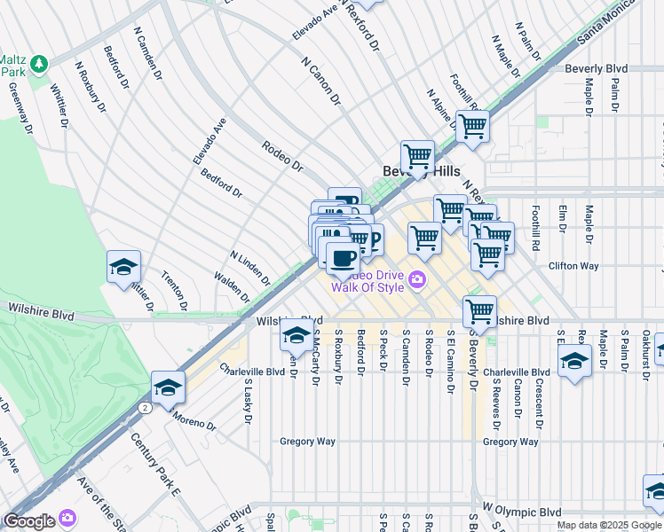 map of restaurants, bars, coffee shops, grocery stores, and more near 441 North Camden Drive in Beverly Hills