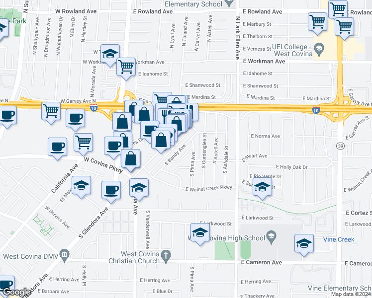 map of restaurants, bars, coffee shops, grocery stores, and more near 214 South Bandy Avenue in West Covina