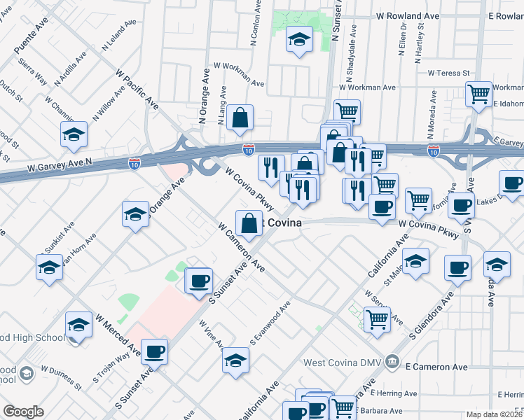 map of restaurants, bars, coffee shops, grocery stores, and more near 1435 West Covina Parkway in West Covina