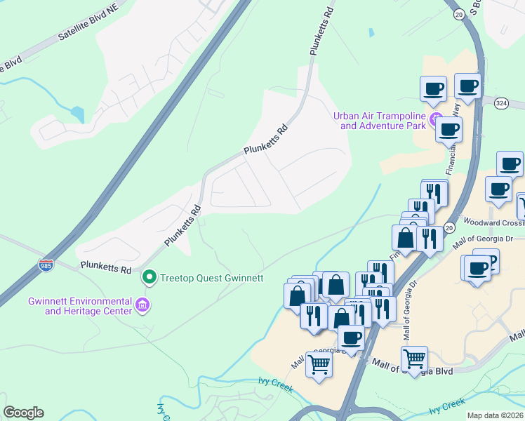 map of restaurants, bars, coffee shops, grocery stores, and more near 3189 Woodward Down Trail in Buford