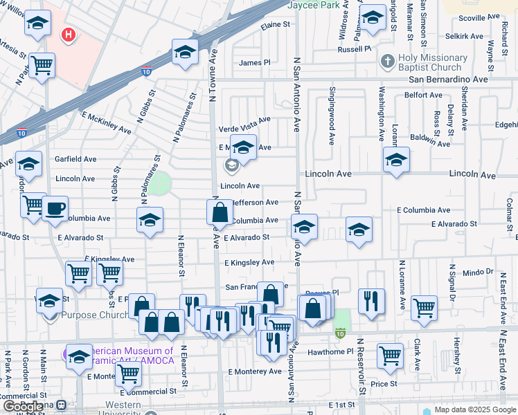 map of restaurants, bars, coffee shops, grocery stores, and more near 696 East Jefferson Avenue in Pomona
