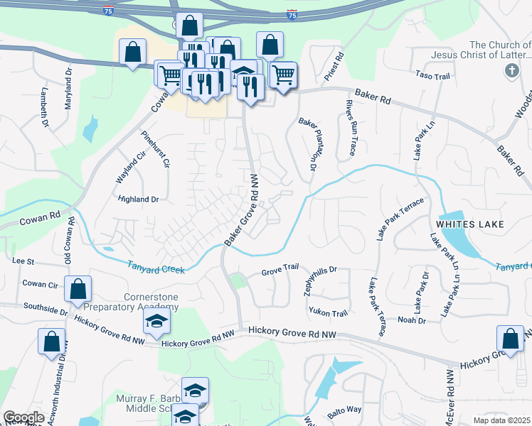 map of restaurants, bars, coffee shops, grocery stores, and more near 7302 Stanton Place Lane in Acworth
