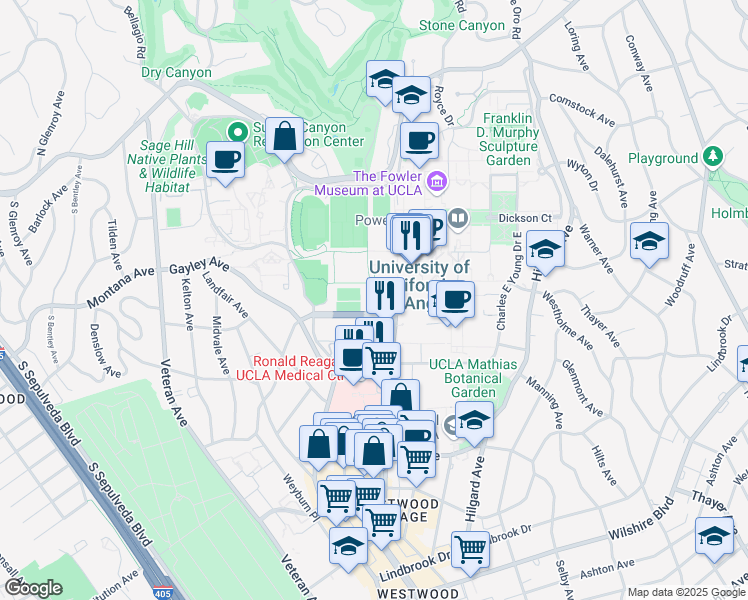 map of restaurants, bars, coffee shops, grocery stores, and more near 425 Westwood Plaza in Los Angeles
