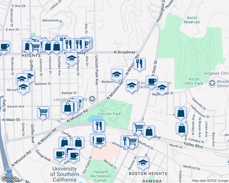 map of restaurants, bars, coffee shops, grocery stores, and more near N Mission Rd & Parkside Ave in Los Angeles