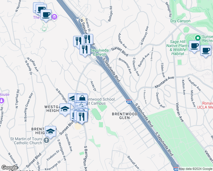 map of restaurants, bars, coffee shops, grocery stores, and more near 11350 Isleta Street in Los Angeles