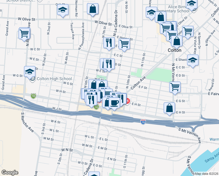 map of restaurants, bars, coffee shops, grocery stores, and more near 129 East G Street in Colton