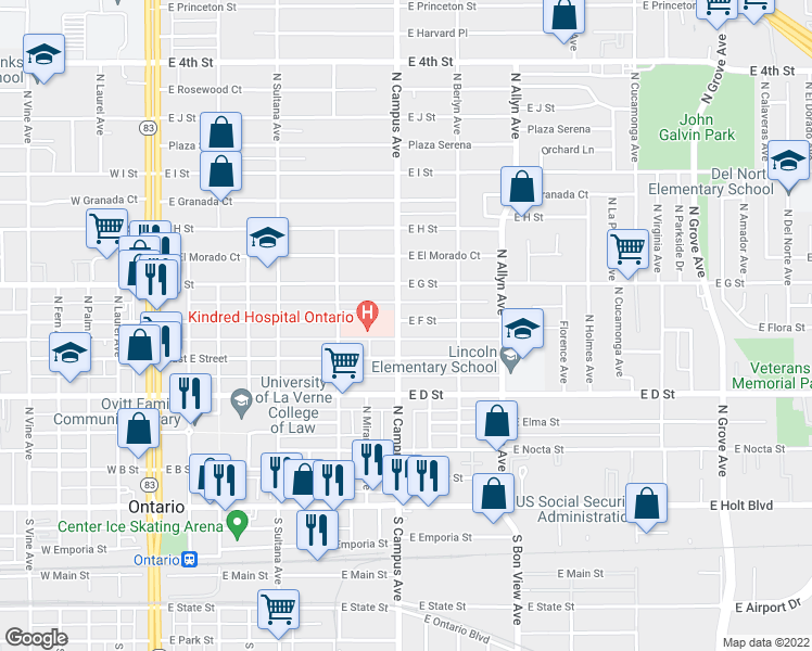 map of restaurants, bars, coffee shops, grocery stores, and more near 534 North Campus Avenue in Ontario