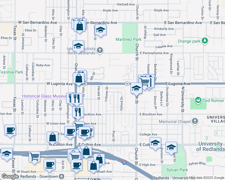 map of restaurants, bars, coffee shops, grocery stores, and more near 429 Courier Avenue in Redlands