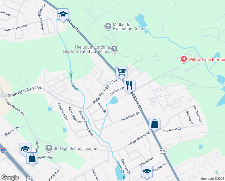 map of restaurants, bars, coffee shops, grocery stores, and more near 1307 Cactus Avenue in Columbia