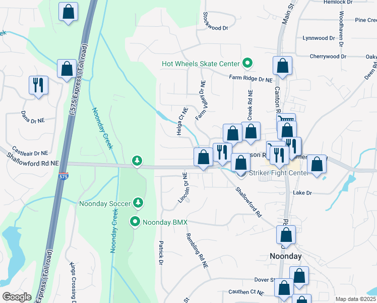 map of restaurants, bars, coffee shops, grocery stores, and more near 743 Helga Drive Northeast in Woodstock