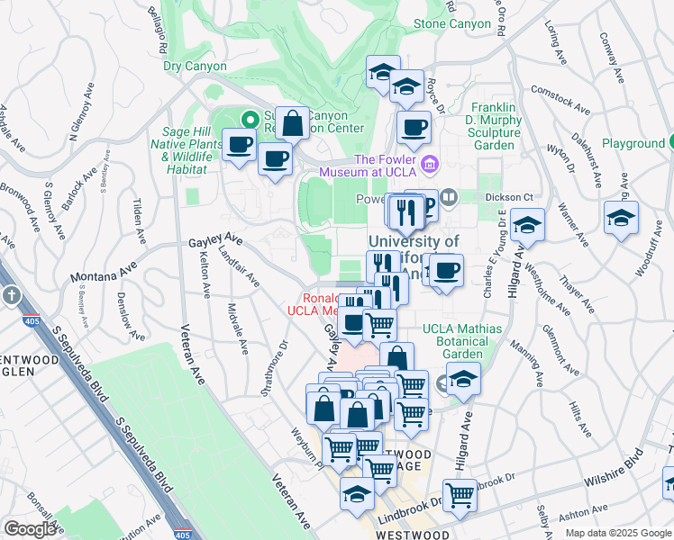 map of restaurants, bars, coffee shops, grocery stores, and more near 430 Charles E Young Drive West in Los Angeles