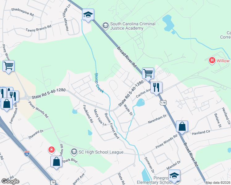 map of restaurants, bars, coffee shops, grocery stores, and more near 271 Wynn Way in Columbia