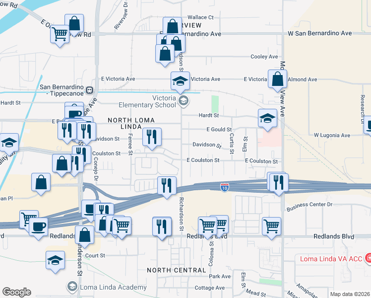 map of restaurants, bars, coffee shops, grocery stores, and more near 1765 Richardson Street in San Bernardino