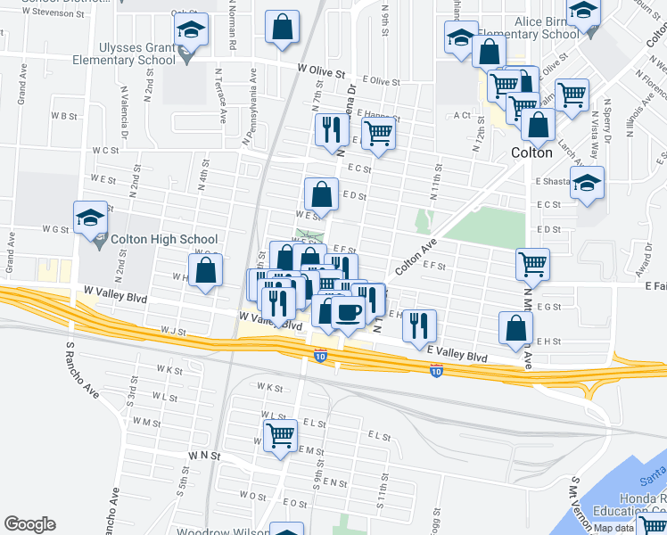 map of restaurants, bars, coffee shops, grocery stores, and more near 481 North 9th Street in Colton
