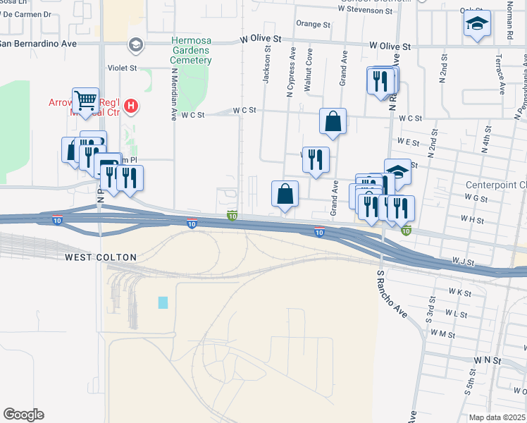 map of restaurants, bars, coffee shops, grocery stores, and more near 1189 West Valley Boulevard in Colton