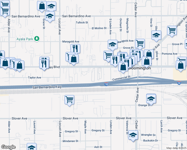 map of restaurants, bars, coffee shops, grocery stores, and more near 18363 Valley Boulevard in Bloomington
