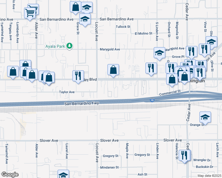 map of restaurants, bars, coffee shops, grocery stores, and more near 18180 Valley Boulevard in Bloomington