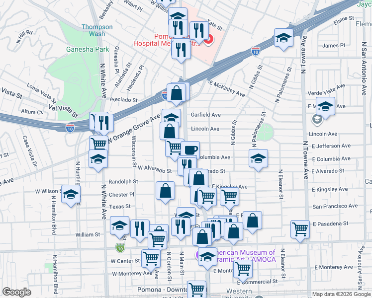 map of restaurants, bars, coffee shops, grocery stores, and more near 120 East Jefferson Avenue in Pomona