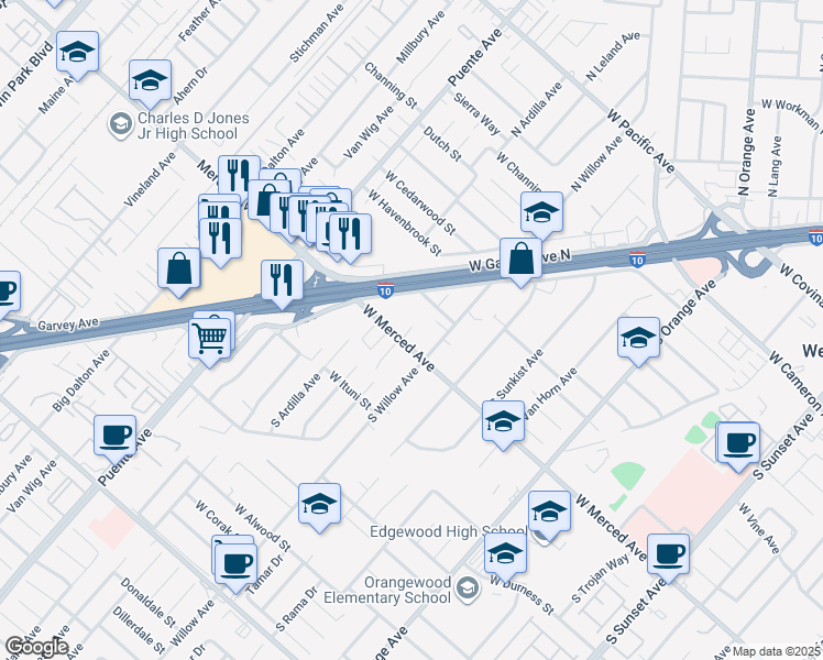 map of restaurants, bars, coffee shops, grocery stores, and more near 1121 South Willow Avenue in West Covina