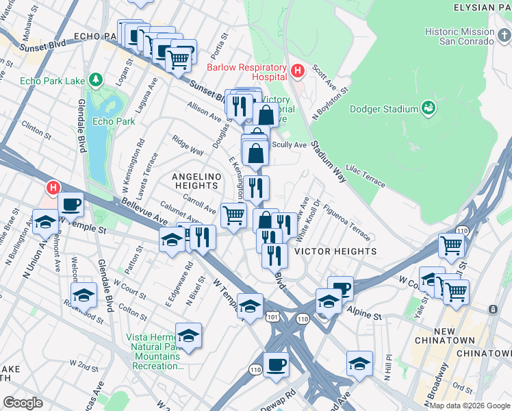 map of restaurants, bars, coffee shops, grocery stores, and more near 1246 Sunset Boulevard in Los Angeles