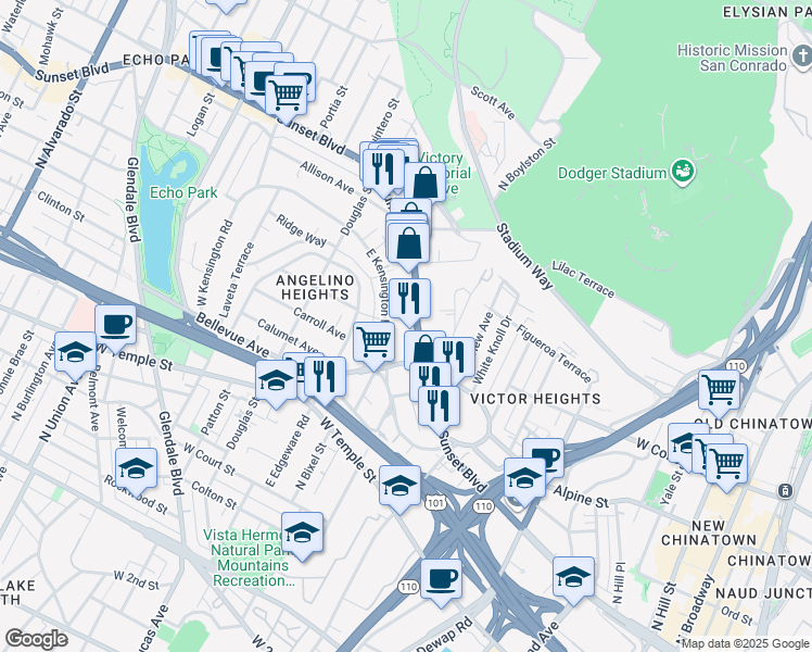 map of restaurants, bars, coffee shops, grocery stores, and more near 1246 Sunset Boulevard in Los Angeles