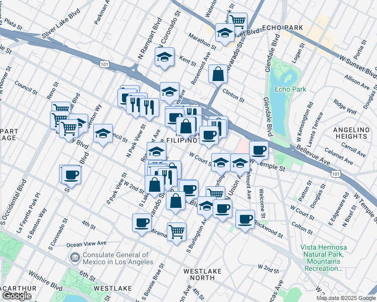 map of restaurants, bars, coffee shops, grocery stores, and more near in Los Angeles