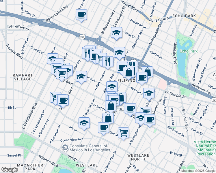 map of restaurants, bars, coffee shops, grocery stores, and more near 201 Rosemont Avenue in Los Angeles