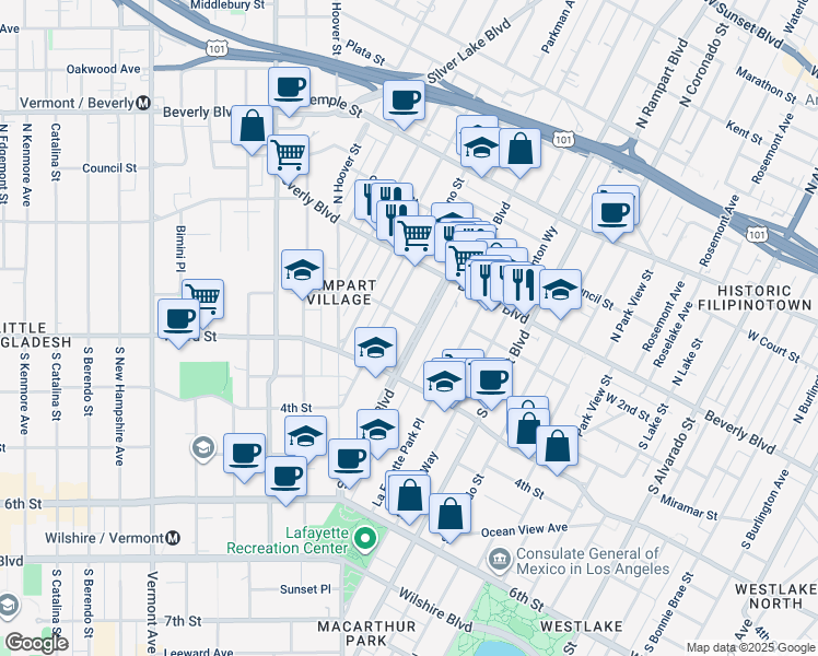 map of restaurants, bars, coffee shops, grocery stores, and more near 145 South Occidental Boulevard in Los Angeles
