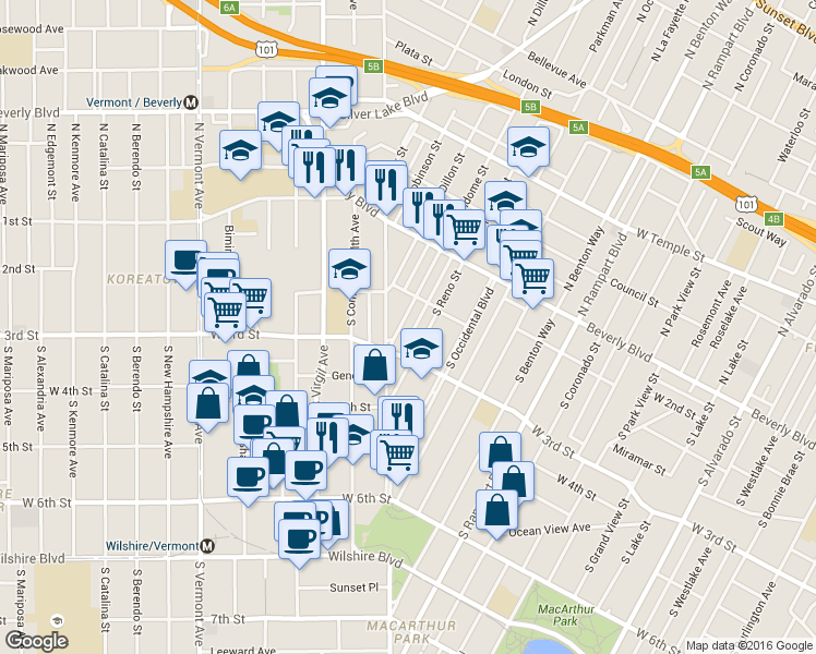 map of restaurants, bars, coffee shops, grocery stores, and more near 231 South Vendome Street in Los Angeles