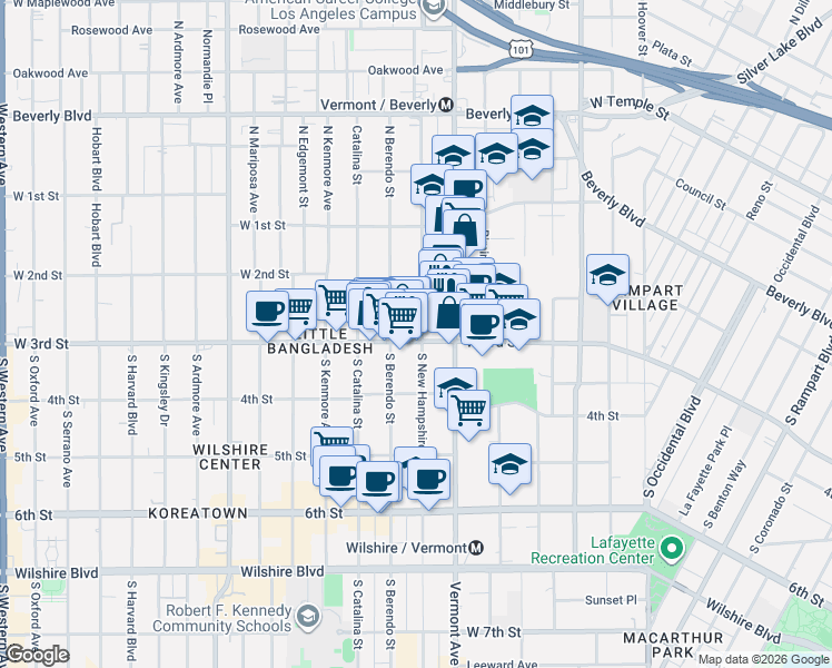 map of restaurants, bars, coffee shops, grocery stores, and more near 3553 West 3rd Street in Los Angeles