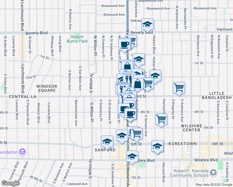 map of restaurants, bars, coffee shops, grocery stores, and more near 257 South Manhattan Place in Los Angeles