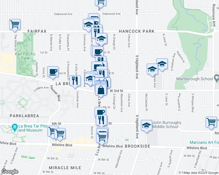 map of restaurants, bars, coffee shops, grocery stores, and more near 248 South Sycamore Avenue in Los Angeles