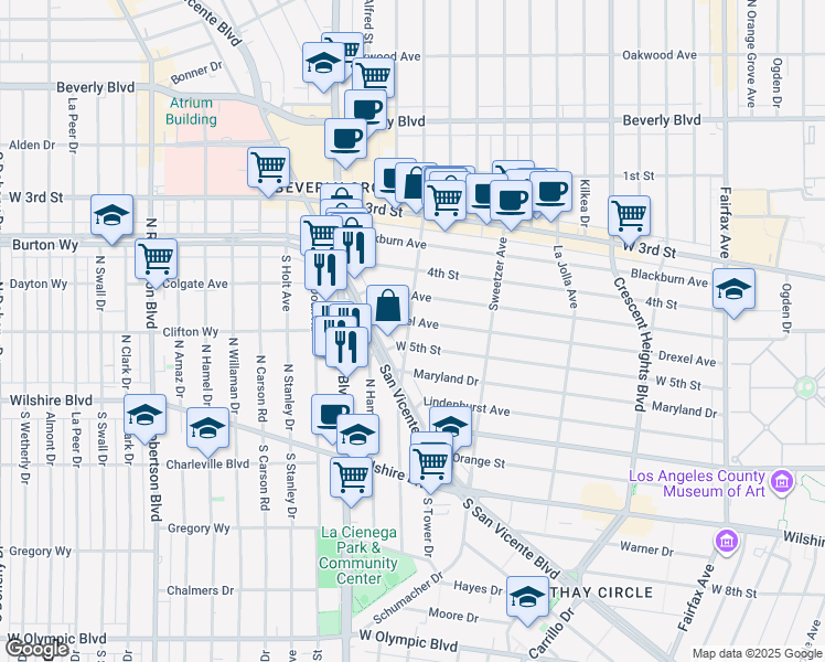 map of restaurants, bars, coffee shops, grocery stores, and more near 6702 Drexel Avenue in Los Angeles