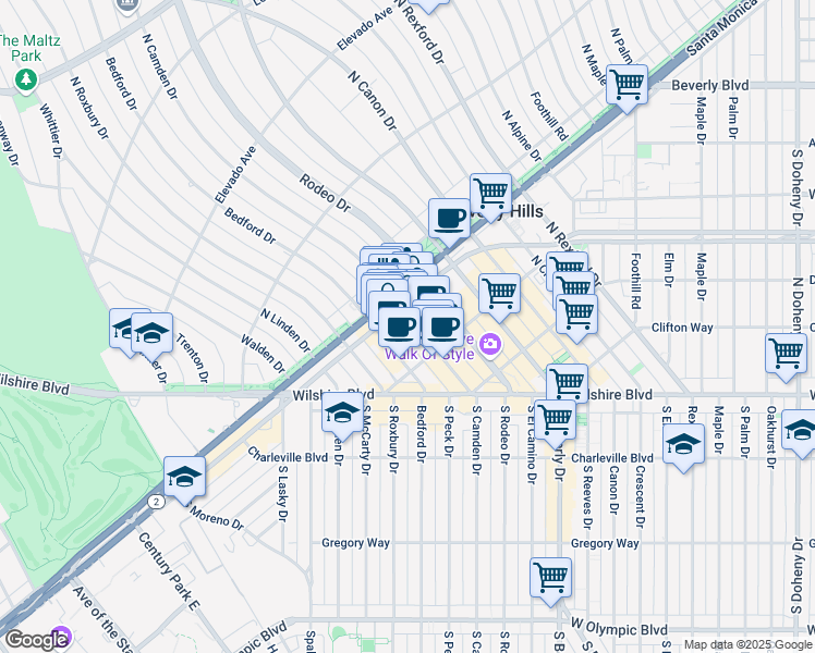 map of restaurants, bars, coffee shops, grocery stores, and more near 441 North Camden Drive in Beverly Hills