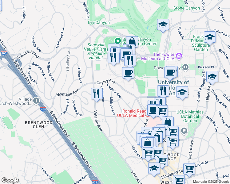 map of restaurants, bars, coffee shops, grocery stores, and more near 442 Landfair Avenue in Los Angeles