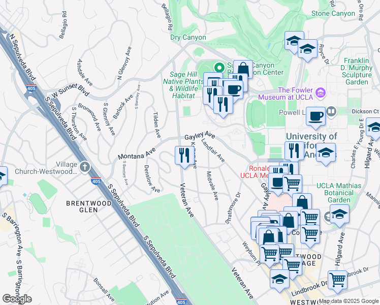 map of restaurants, bars, coffee shops, grocery stores, and more near 430 Kelton Avenue in Los Angeles
