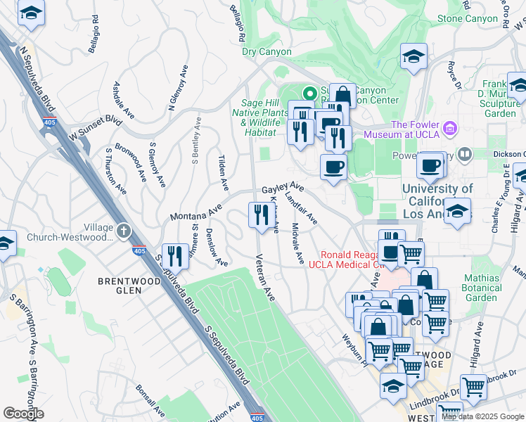 map of restaurants, bars, coffee shops, grocery stores, and more near 423 1/2 Veteran Avenue in Los Angeles