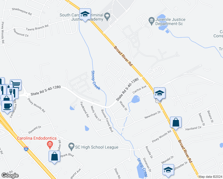 map of restaurants, bars, coffee shops, grocery stores, and more near 271 Wynn Way in Columbia