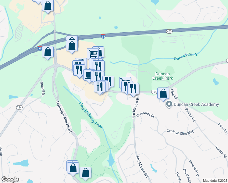 map of restaurants, bars, coffee shops, grocery stores, and more near 3514-3598 Braselton Hwy in Dacula
