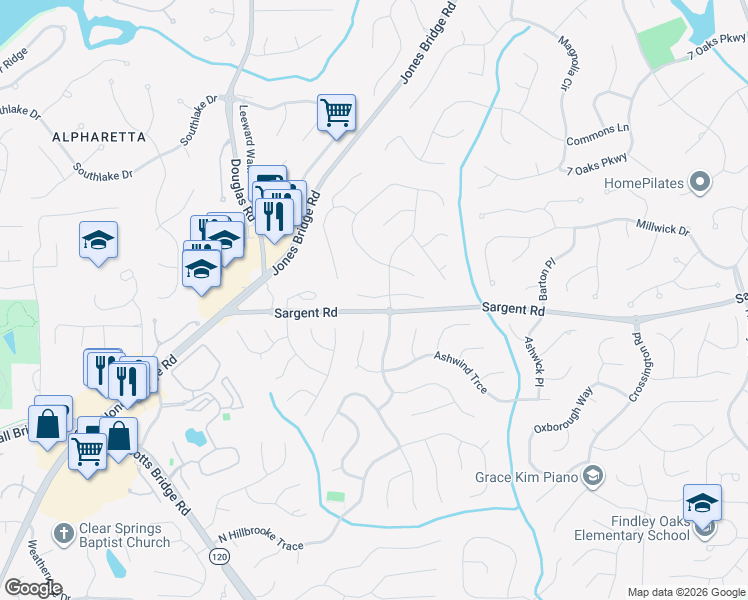 map of restaurants, bars, coffee shops, grocery stores, and more near 3040 Lakeside Court in Alpharetta