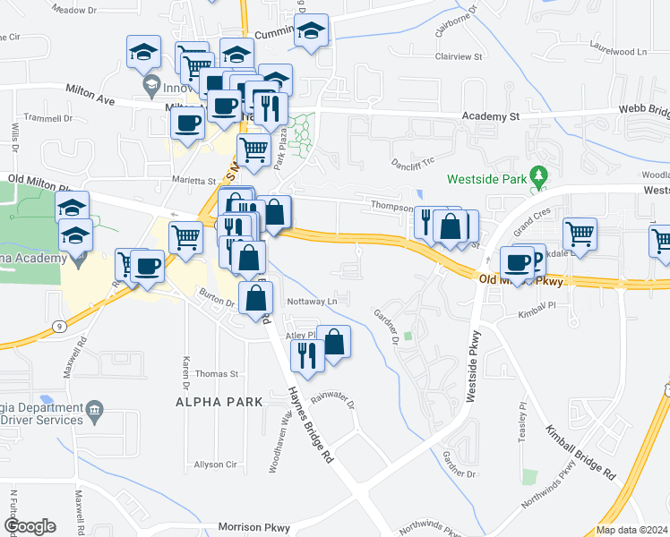 map of restaurants, bars, coffee shops, grocery stores, and more near 209 Phillips Lane in Alpharetta