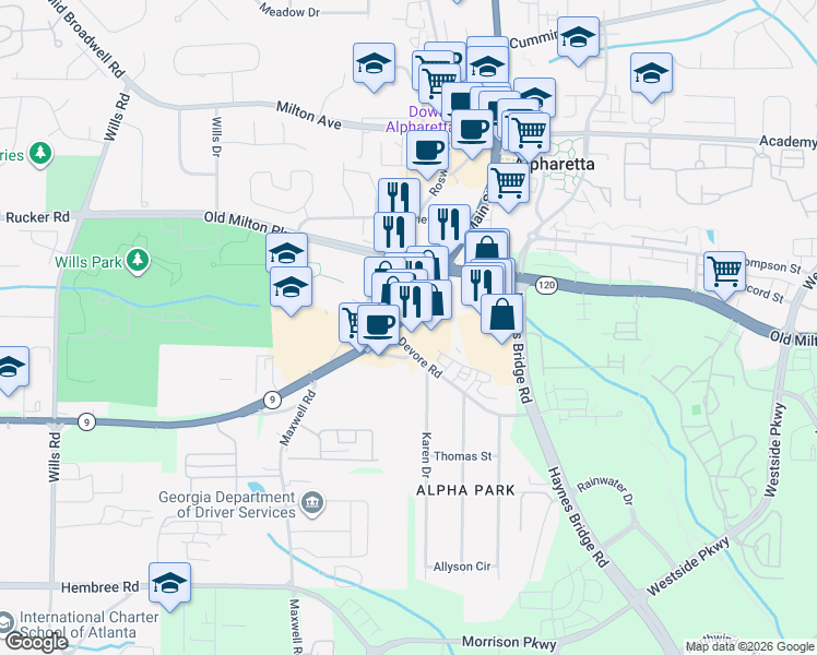 map of restaurants, bars, coffee shops, grocery stores, and more near 217 South Main Street in Alpharetta