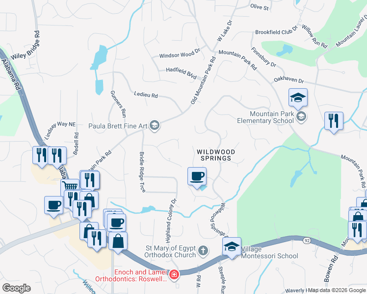 map of restaurants, bars, coffee shops, grocery stores, and more near 1855 Azalea Springs Trail in Roswell