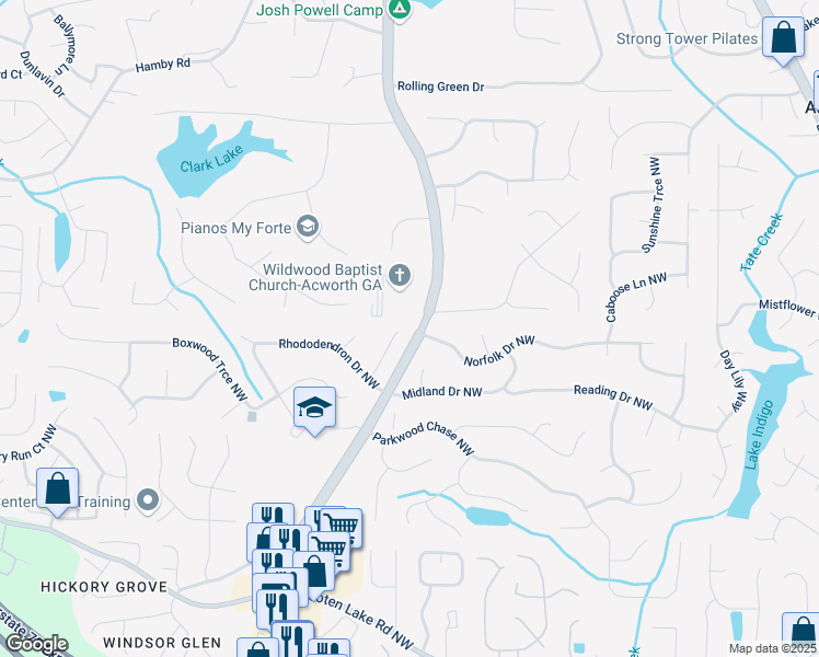 map of restaurants, bars, coffee shops, grocery stores, and more near 4800 Silverberry Lane Northwest in Acworth