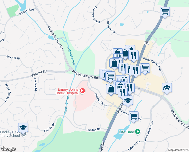 map of restaurants, bars, coffee shops, grocery stores, and more near 6590 McGinnis Ferry Road in Suwanee