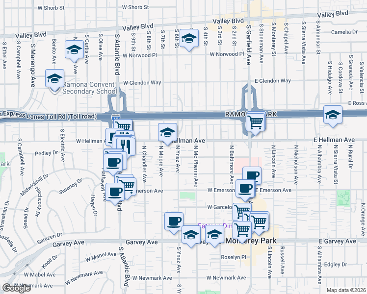 map of restaurants, bars, coffee shops, grocery stores, and more near 618 North Ynez Avenue in Monterey Park